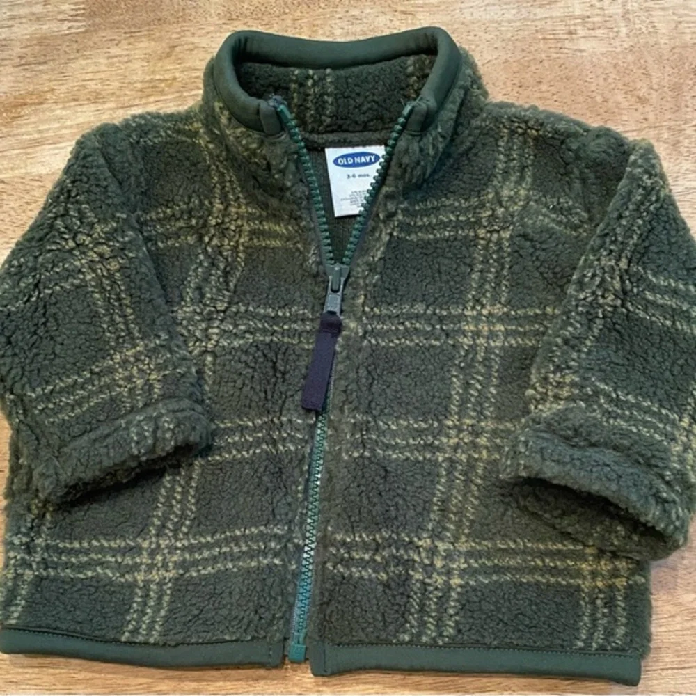Vintage 1999 Old Navy 3-6‎ Months  Dark Green/Tan Wooly Zip Up Jacket